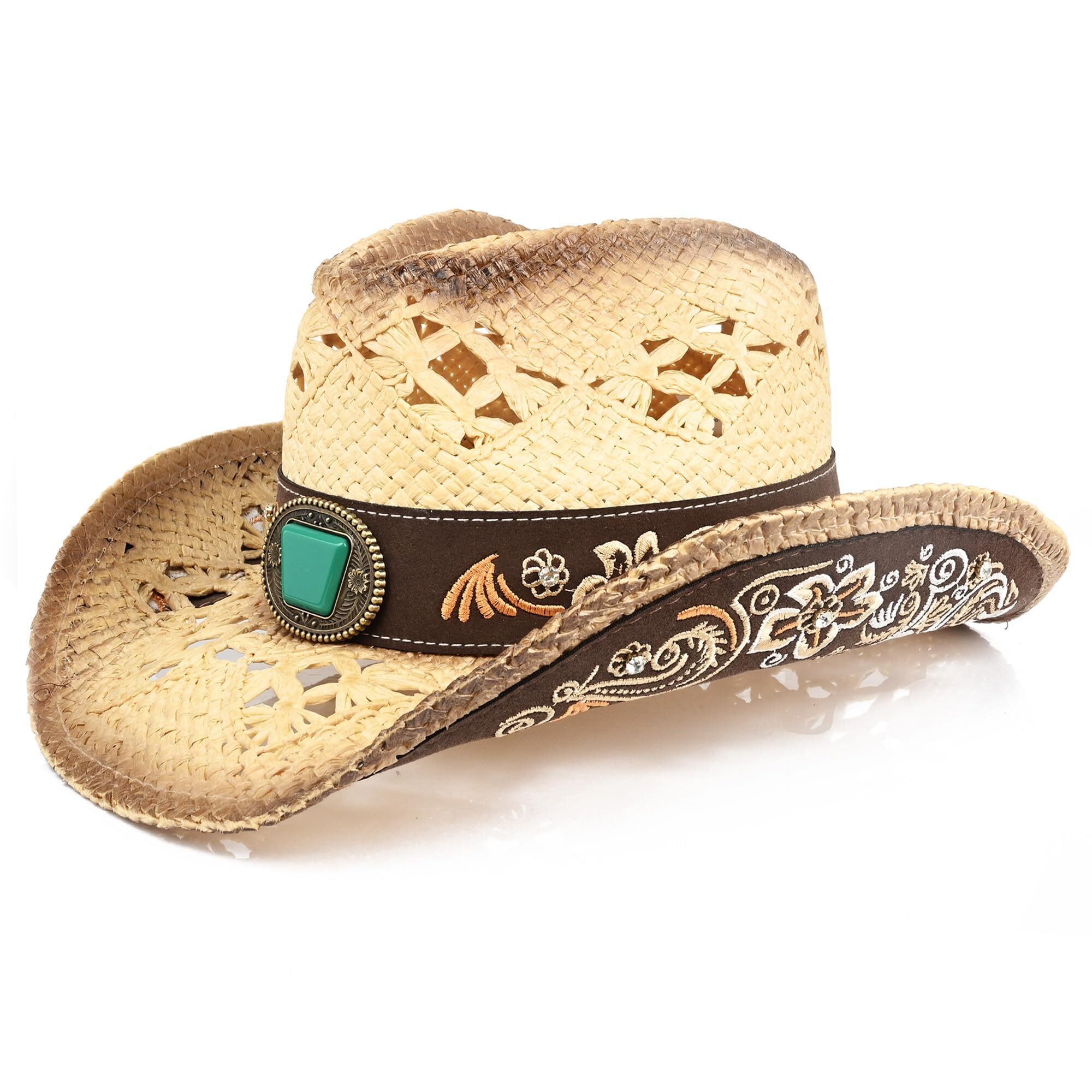 4259 Men's Women Western Cowboy Hatcowgirl Straw Hatfaux Suede Embroidered